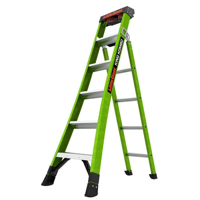 The LITTLE GIANT 13906-001 King Kombo Pro 2.0 is a green 6 ft. fiberglass 3-in-1 combo ladder with black feet and silver rungs, shown open in A-frame position against a white background.
